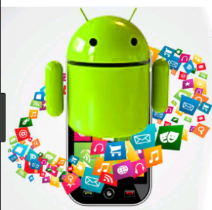 The Android green mascot with pictures of all the apps surrounding it.